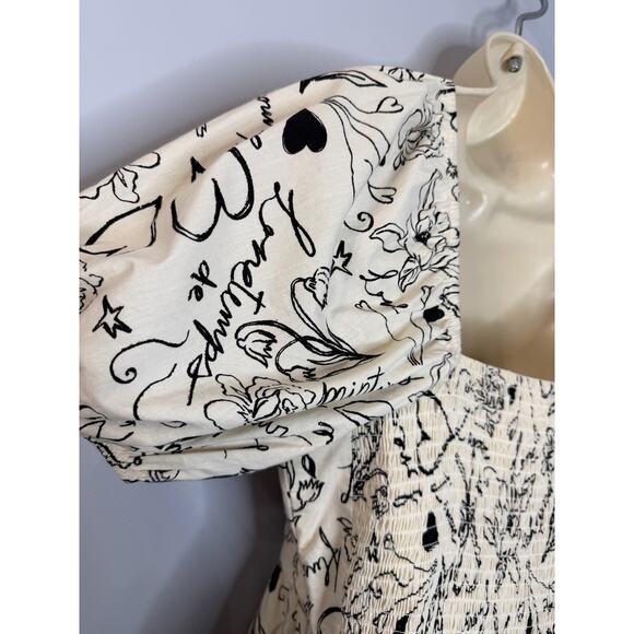 Japna Square Neck Puff Sleeve Midi Dress Black Cream Floral Women's M - Picture 13 of 15